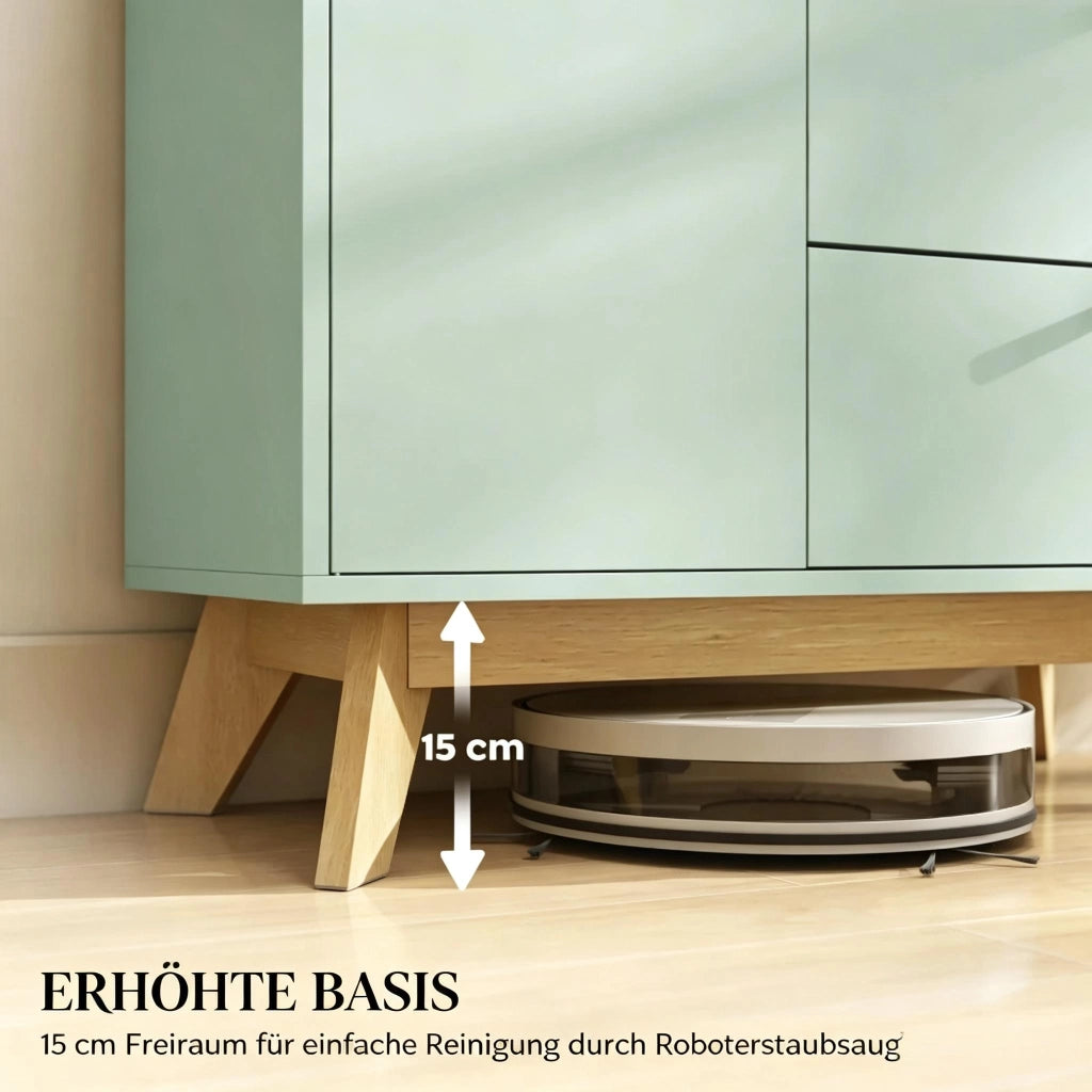 Credenza 80 × 35 × 76,3 cm con un'anta due cassetti vano aperto ripiano regolabile in MDF verde chiaro e rovere