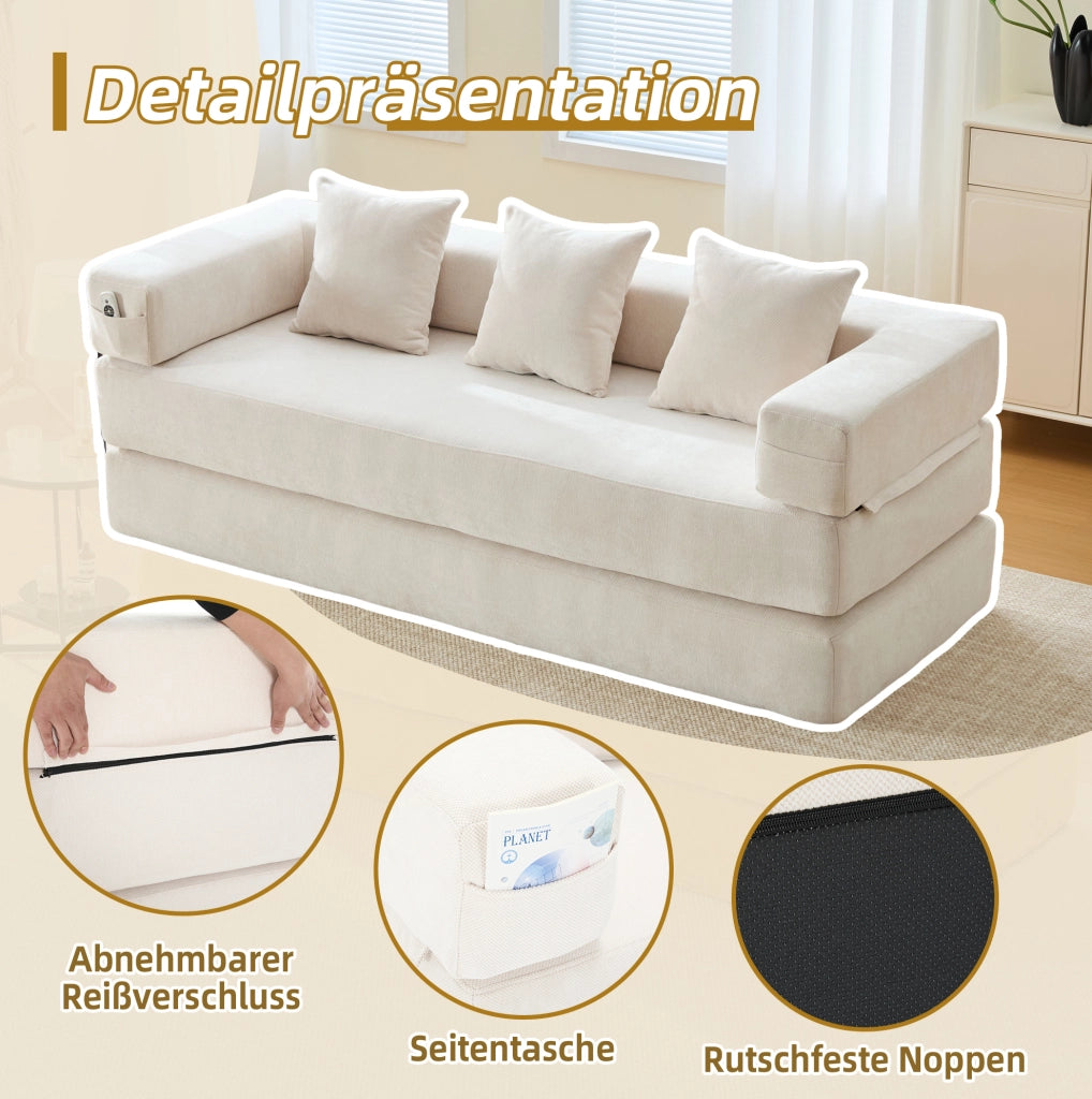 Modulo divano componibile in ciniglia beige con tasche laterali