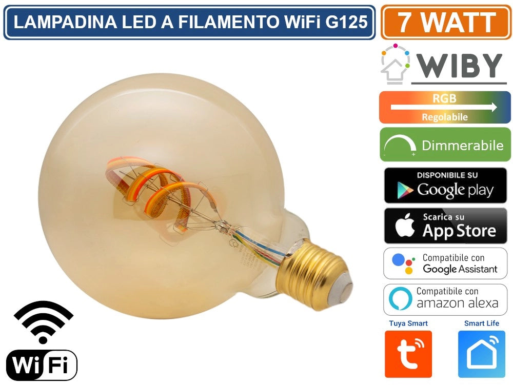 WIBY LAMPADINA LED G125 E27 A FILAMENTO 4.9W WIFI GESTIBILE DA APP DIMMERABILE COLORE LUCE REGOLABILE RGB+1800K TUYA SMART LIFE