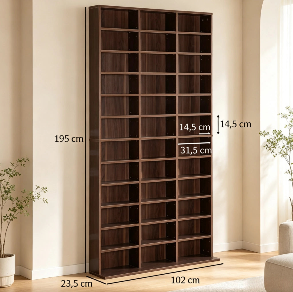 Scaffale porta dischi in MDF marrone con 36 scomparti regolabili