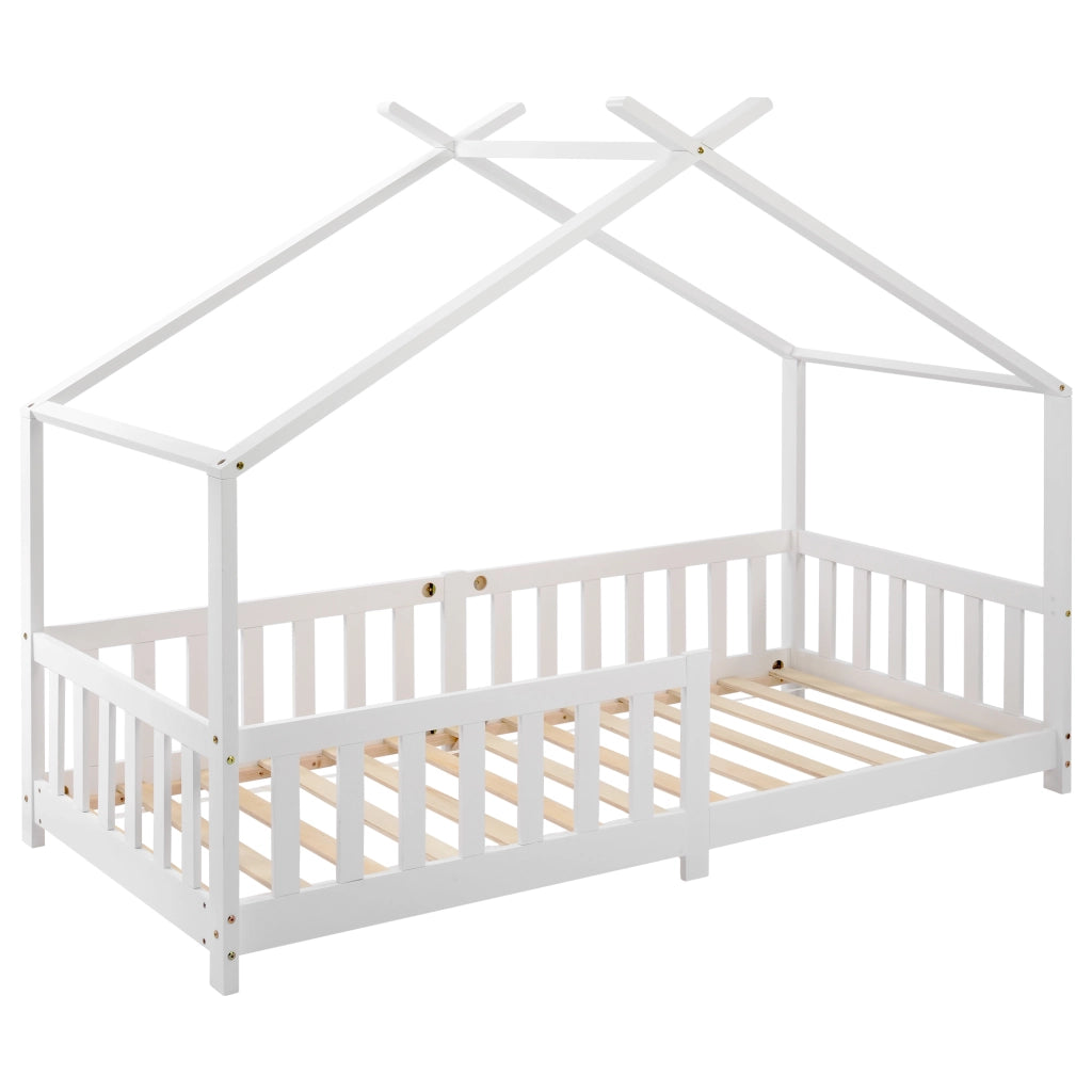 Letto a casetta per bambini 90x200 cm con sponde e rete a doghe; in pino massello bianco per cameretta