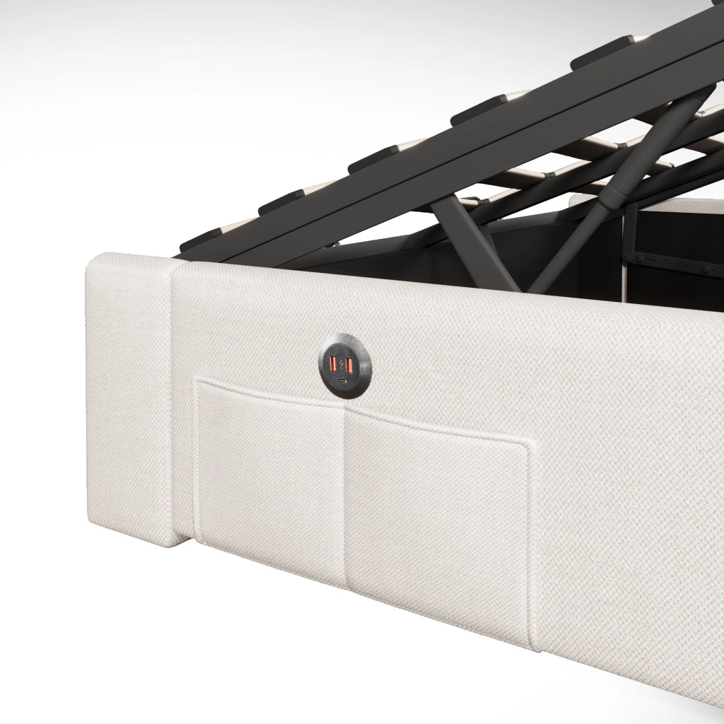 Letto contenitore 90 ¡Á 200 cm con sollevamento idraulico LED USB e Type-C tasche laterali in lino e MDF beige