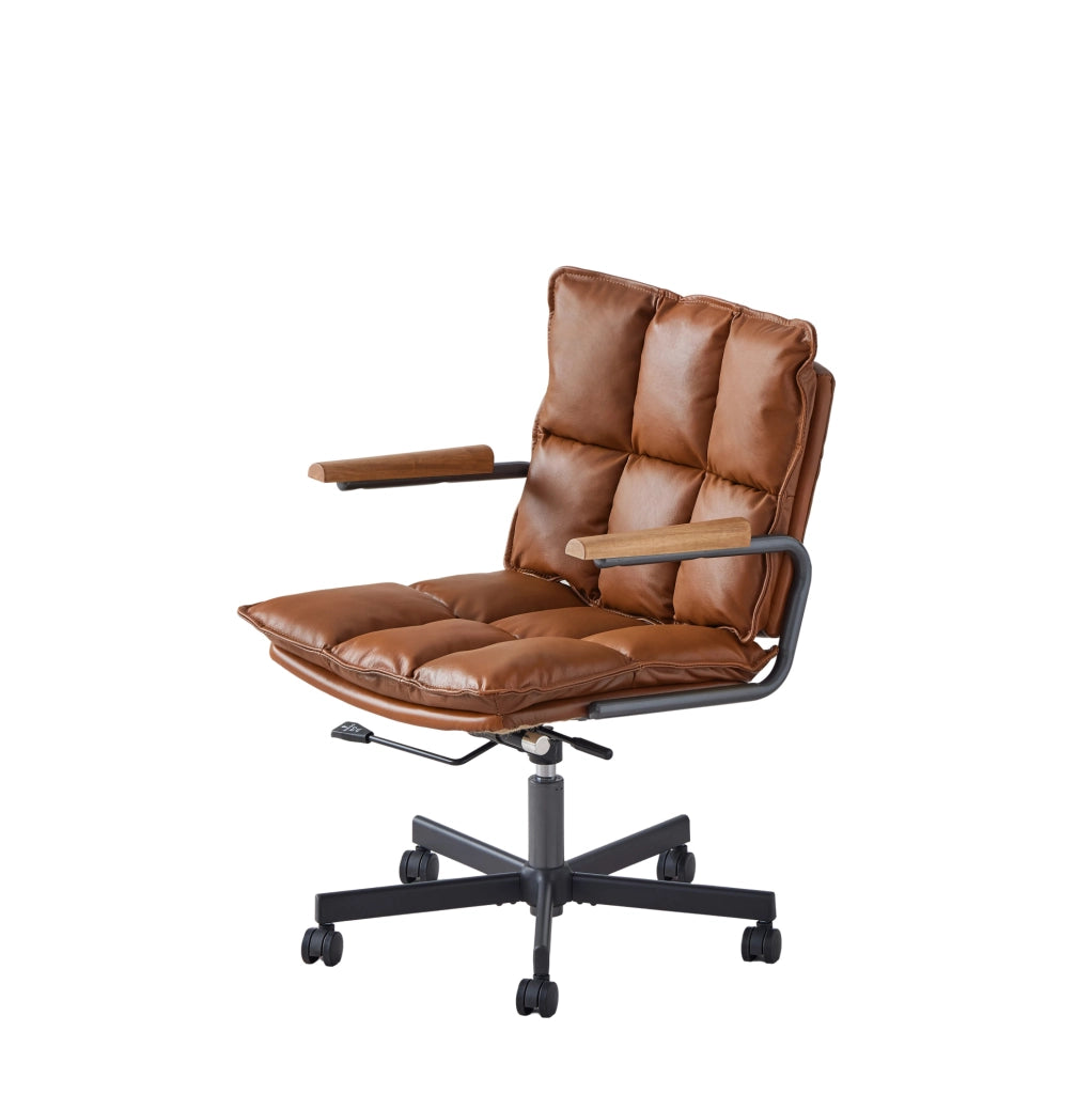 Sedia ufficio ergonomica in cuoio, girevole 360°, con altezza regolabile e braccioli in legno chiaro, per home office e studio