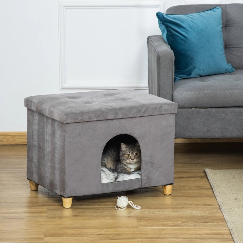 Pouf poggiapiedi con cuccia per gatti in MDF grigio imbottito con ingresso frontale 44.5 × 60 × 45 cm
