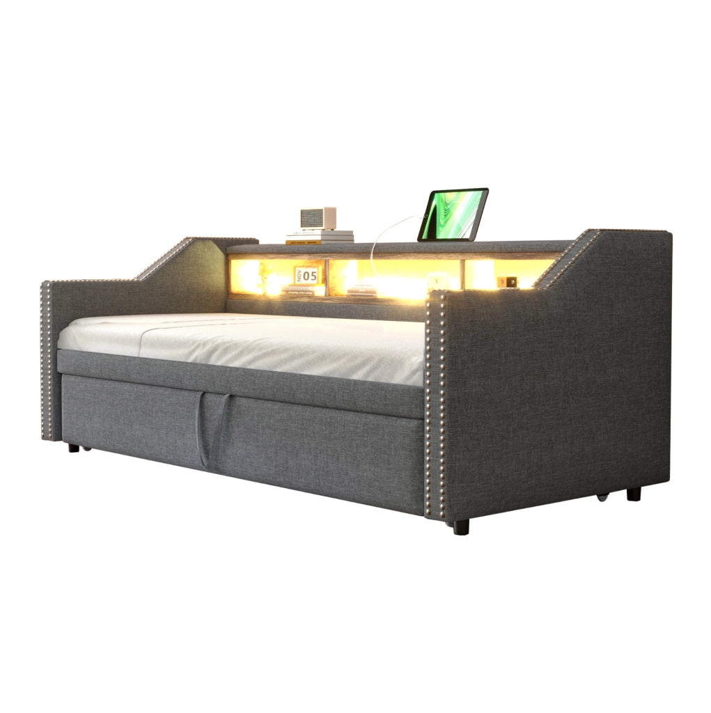 Divano Letto Salvaspazio con Contenitore, LED e Porta USB, 90/180 x 190 cm, Grigio Scuro, con Due Materassi a Molle