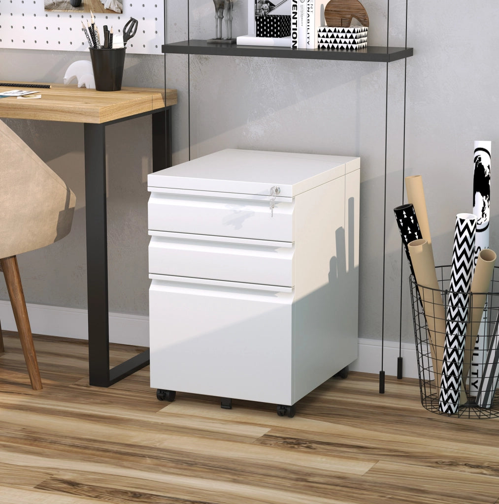 Cassettiera da ufficio in acciaio bianco con 3 cassetti e ruote
