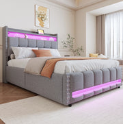Letto imbottito 140 × 200 cm con contenitore idraulico; LED e presa USB; lino grigio chiaro