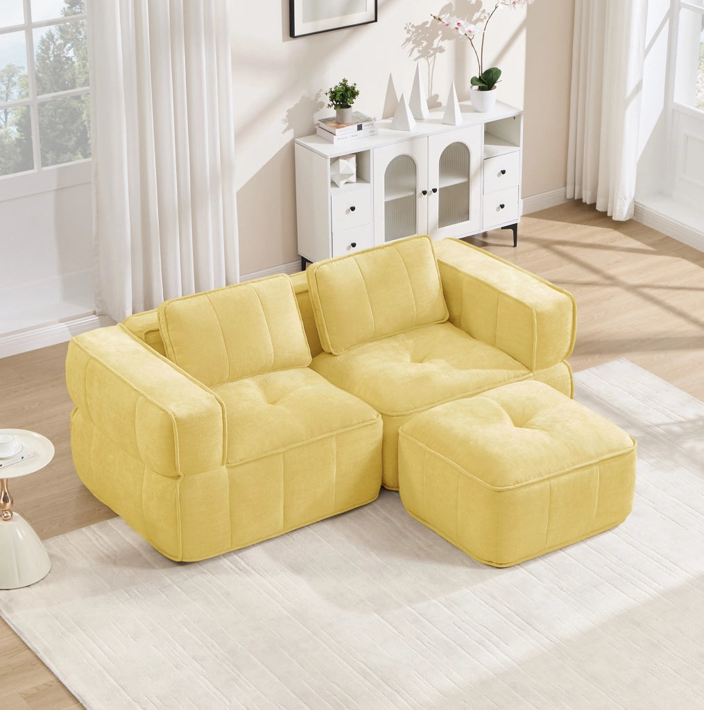 Divano modulare giallo a due posti con pouf in poliestere