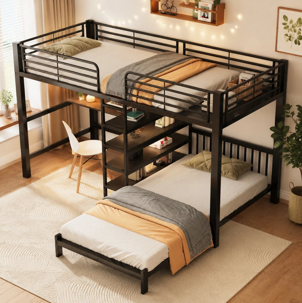 Letto a Castello Matrimoniale 90x200 cm con Scrivania e Porte USB Nero in Ferro e MDF