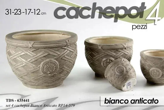 Set 4 cachepot bianco anticato Ø31/23/17/12 cm