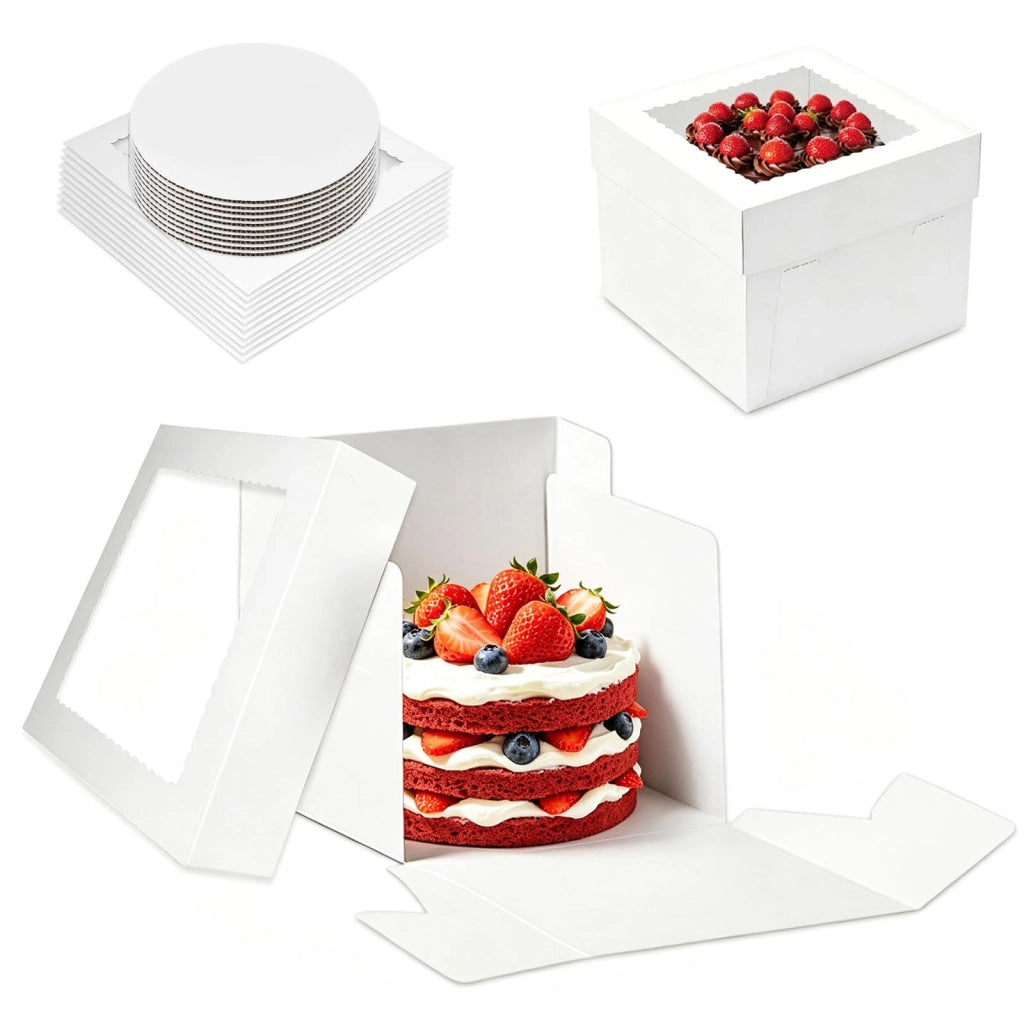 12 scatole per dolci con finestra trasparente, 25,6 x 25,6 x 20,5 cm, colore bianco