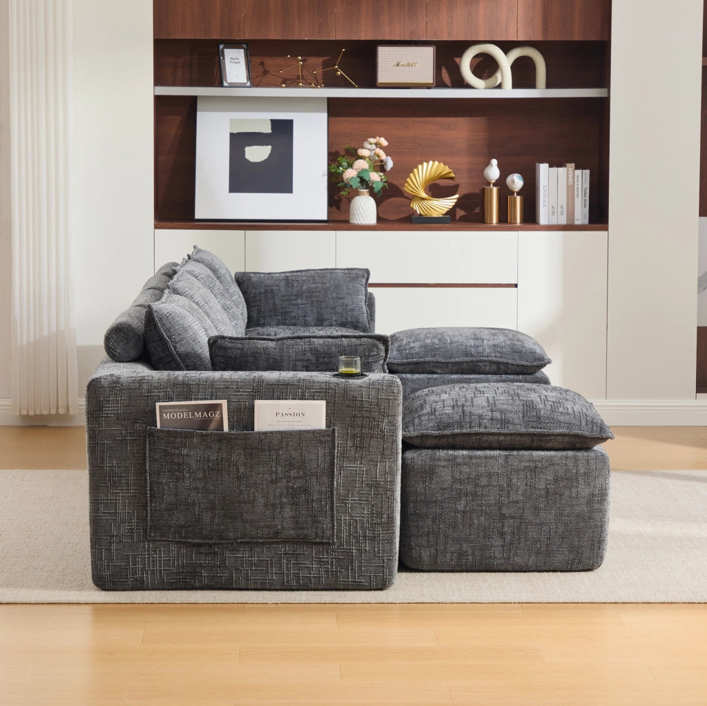 Divano modulare in ciniglia grigio scuro con pouf e cuscini