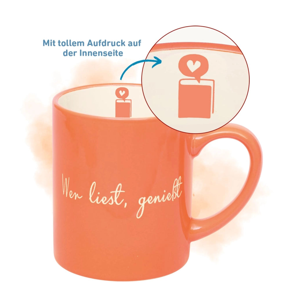 Tazza da caffè in Vetroceramica con motivo a tema libro, color pesca, capacità 350 ml