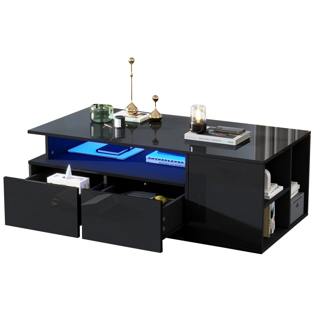 Tavolino da caffè LED 100x50x35 cm nero in truciolato, 2 cassetti, contenitore