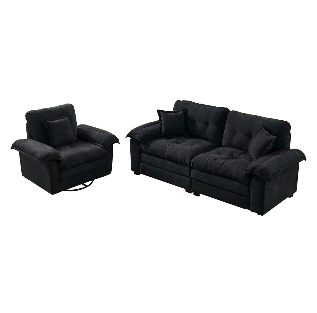 Divano 2 pezzi in ciniglia nera 213,4x90,1x87,6 cm, seduta profonda con cuscini