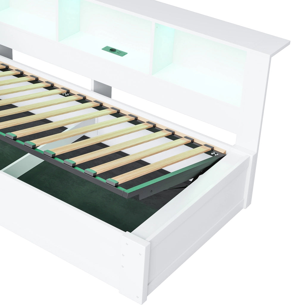 Letto singolo 90x200 cm in pino bianco con contenitore idraulico, LED regolabile, USB e scaffali laterali