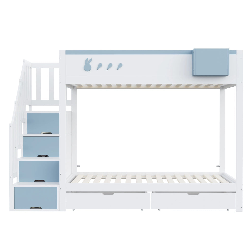 Letto a castello per bambini 90x200 cm bianco e blu con scala contenitore