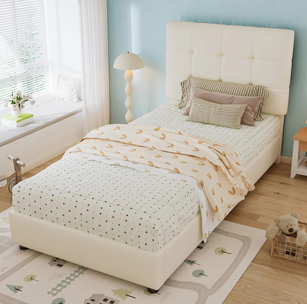 Letto singolo imbottito per bambini 90x200 cm con testiera a biscotto, beige