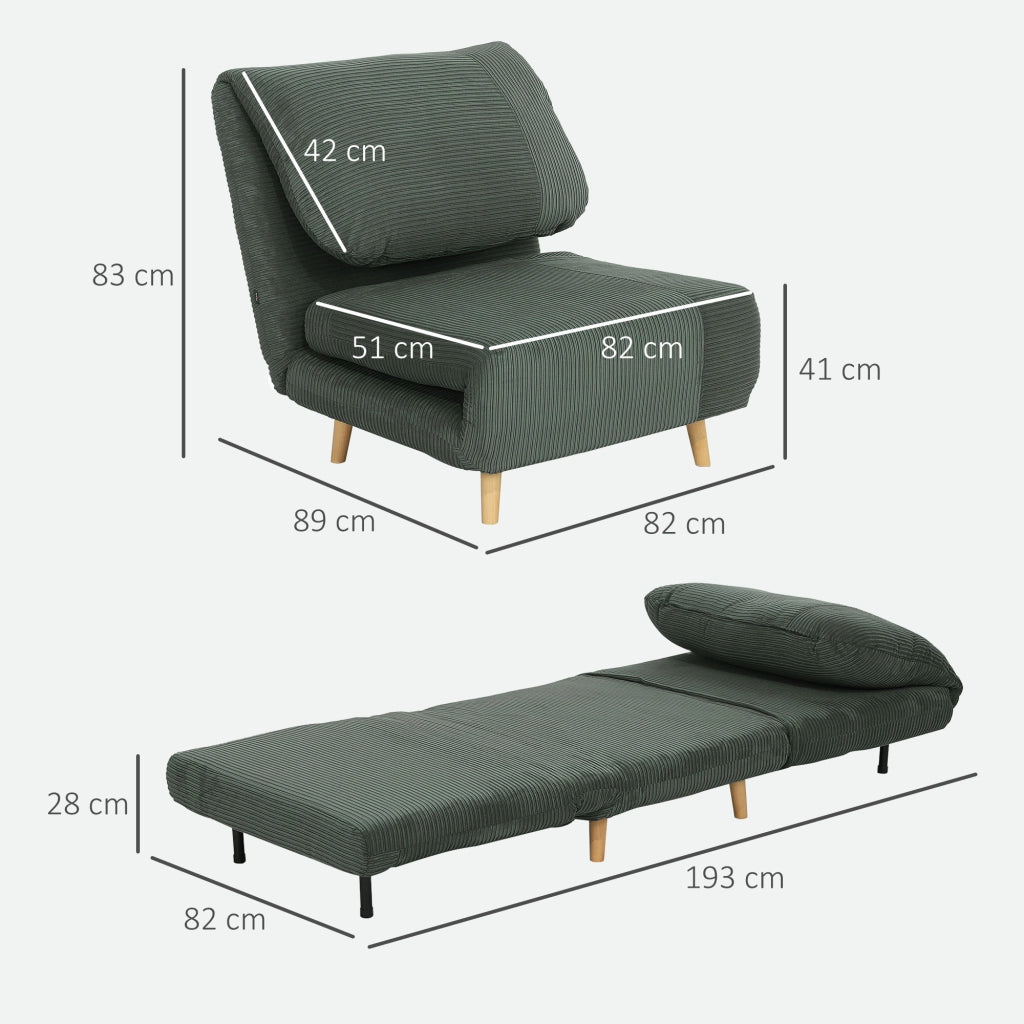 Poltrona letto pieghevole con schienale regolabile a 3 posizioni in poliestere verde 83 × 89 × 82 cm