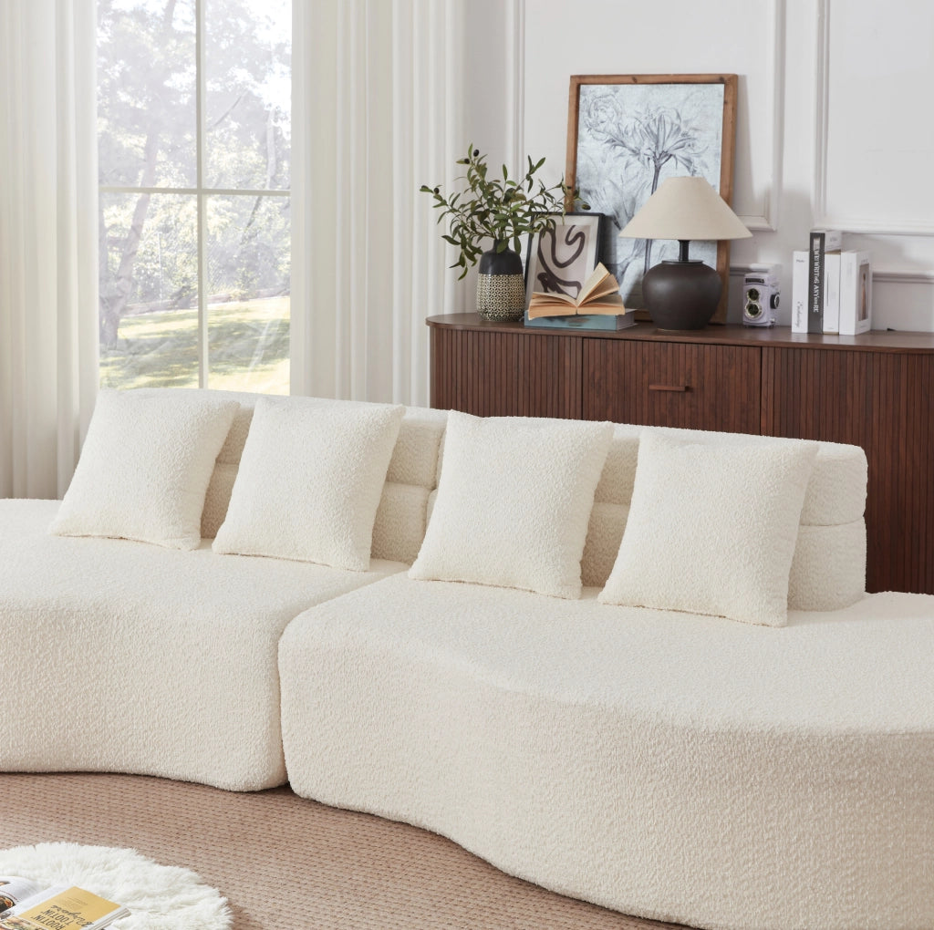 Divano modulare ULEVR beige in ciniglia, 2 elementi combinabili con schienale stratificato