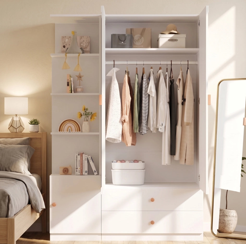 Armadio guardaroba 135x45x200 cm con 2 cassetti e 2 appendiabiti in MDF; bianco