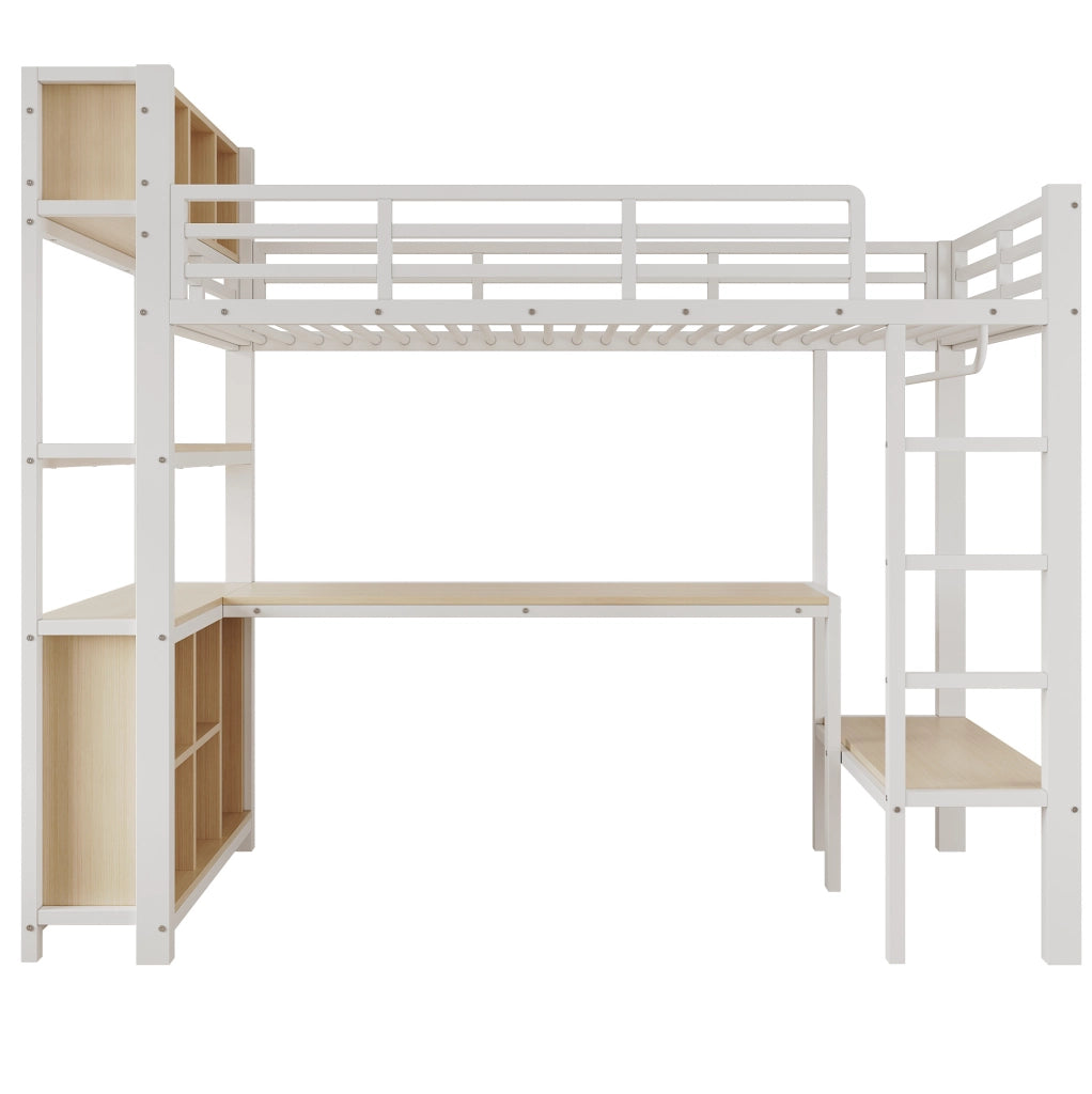 Letto a soppalco 90x200 cm con scrivania, appendiabiti, scaffali e cassettiere, bianco, senza materasso