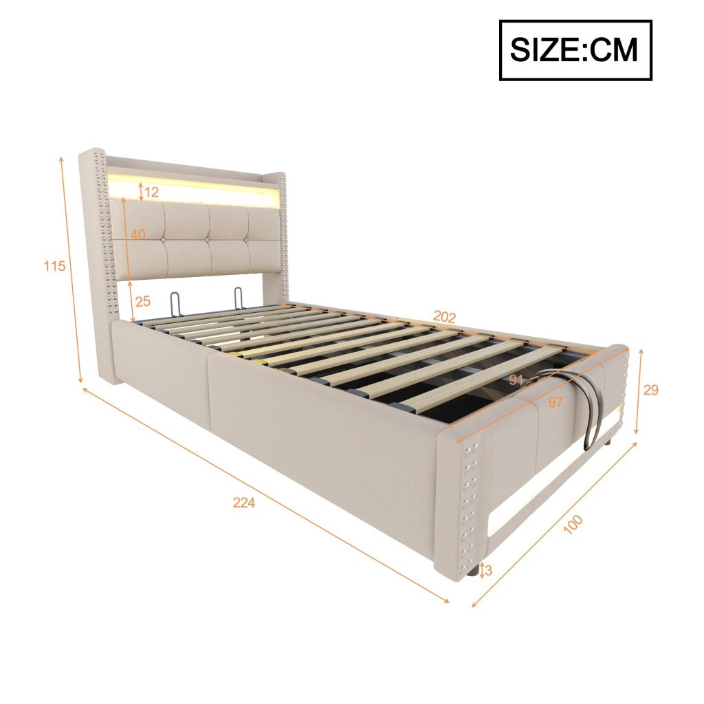 Letto singolo imbottito 90 × 200 cm con contenitore idraulico USB LED in tessuto di lino beige