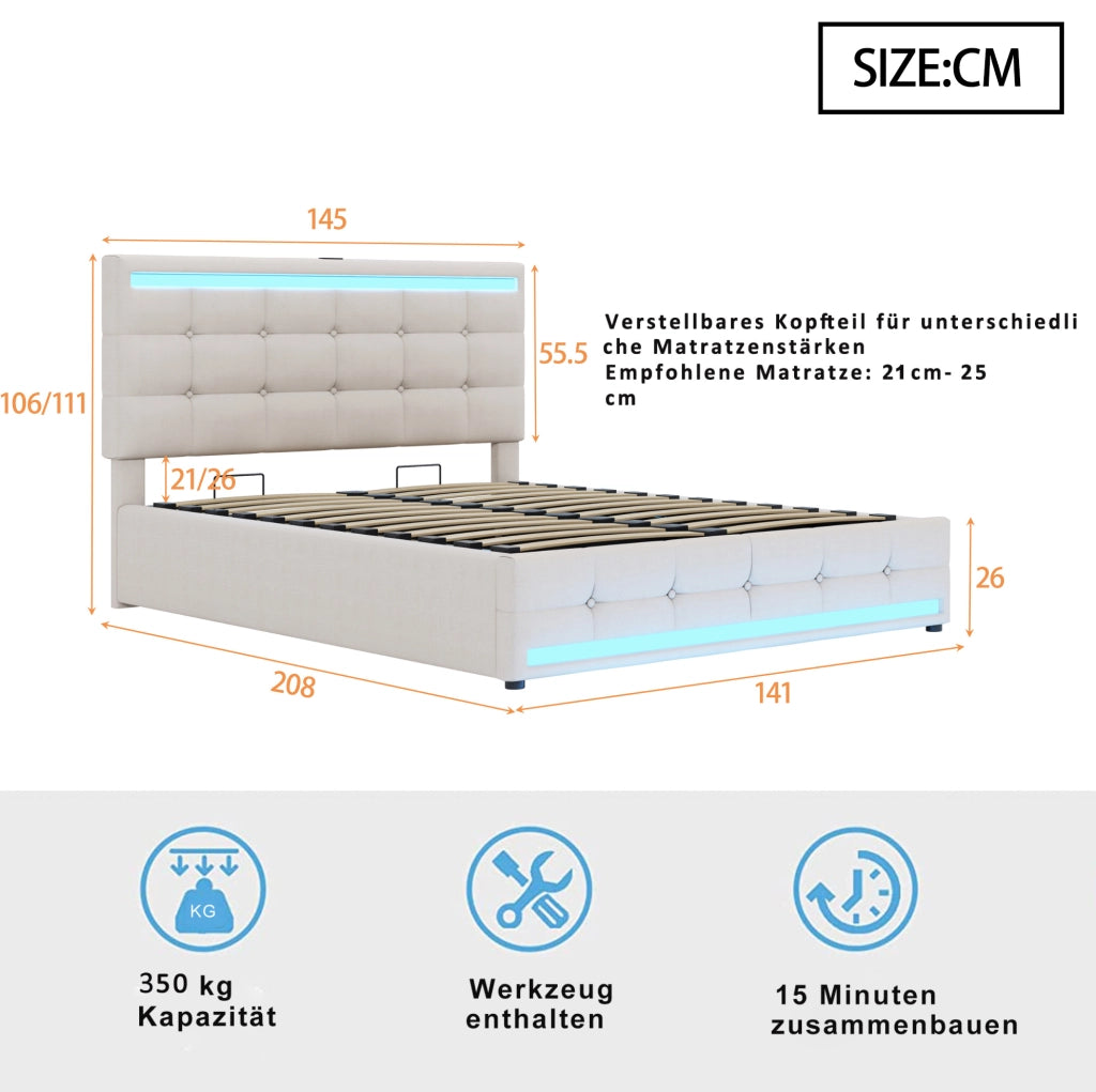 Letto matrimoniale 140x200 cm con contenitore idraulico; LED e 2 porte USB; beige