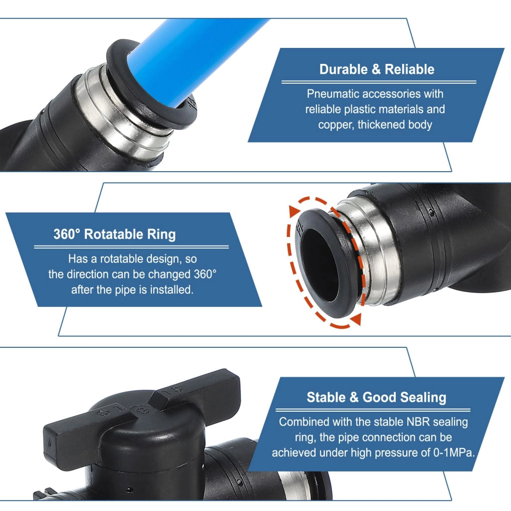Valvola a sfera push-to-connect da 8 mm, confezione da 6 pezzi, per temperature da 0 a 60 °C, pneumatica, colore nero