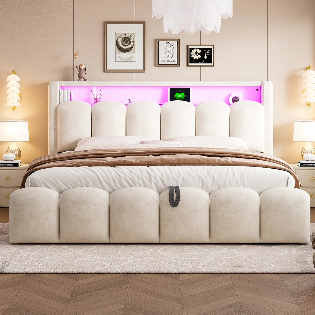 Letto matrimoniale contenitore 180 × 200 cm imbottito in velluto beige con LED USB e porta Type C design a petali