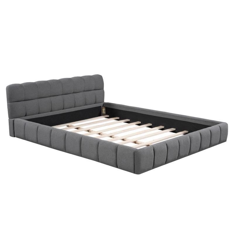 Letto Bubble 140x200 cm; Letto Matrimoniale Imbottito; Struttura Letto con Testiera e Rete a doghe; Letto Moderno; Senza Materasso; Lino Grigio