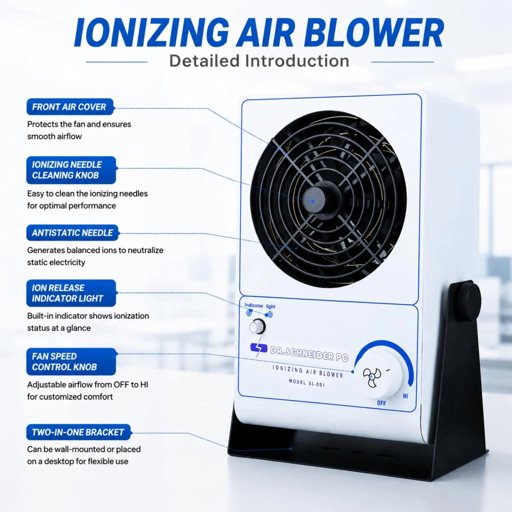 Ventilatore ad aria ionizzante, regolabile, antistatico ESD