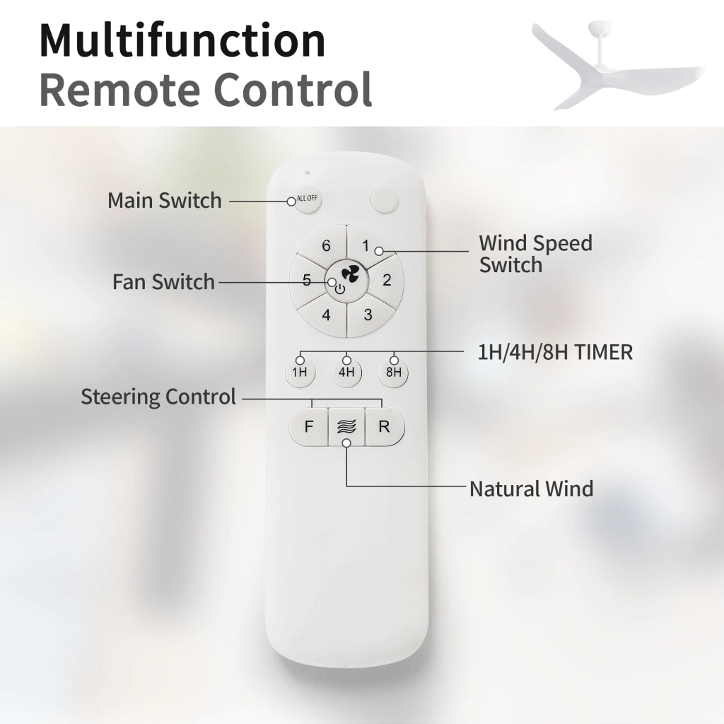 Ventilatore da soffitto 96 cm senza luce con motore DC reversibile 6 velocità telecomando bianco opaco per interni esterni