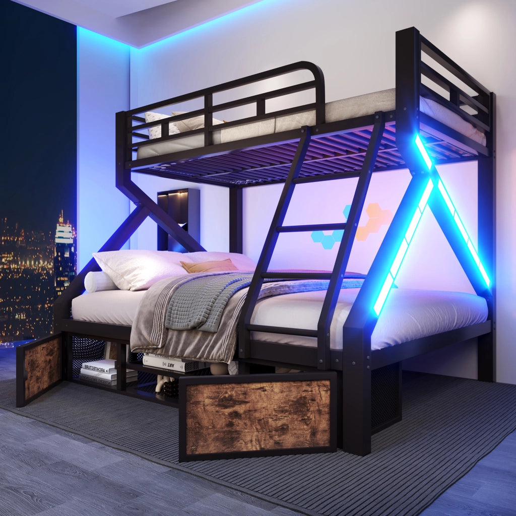 Letto a Castello 90x200/140x200 con Rangement Integrato; LED; Sponde di Sicurezza LEMONMAX Salvaspazio per Camera Bambini