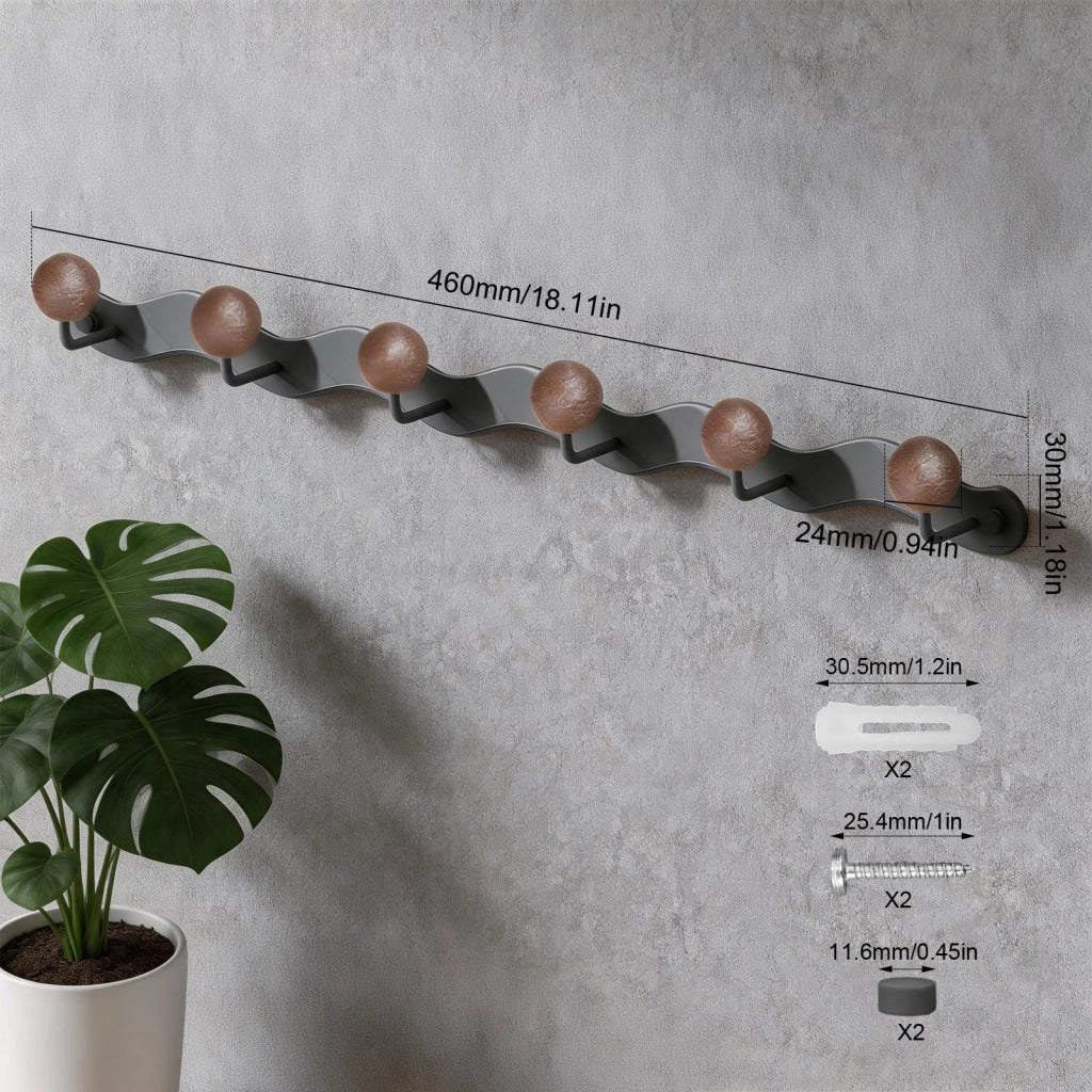 Appendiabiti a parete, 46 cm, 6 ganci, legno e metallo, grigio, per ingresso