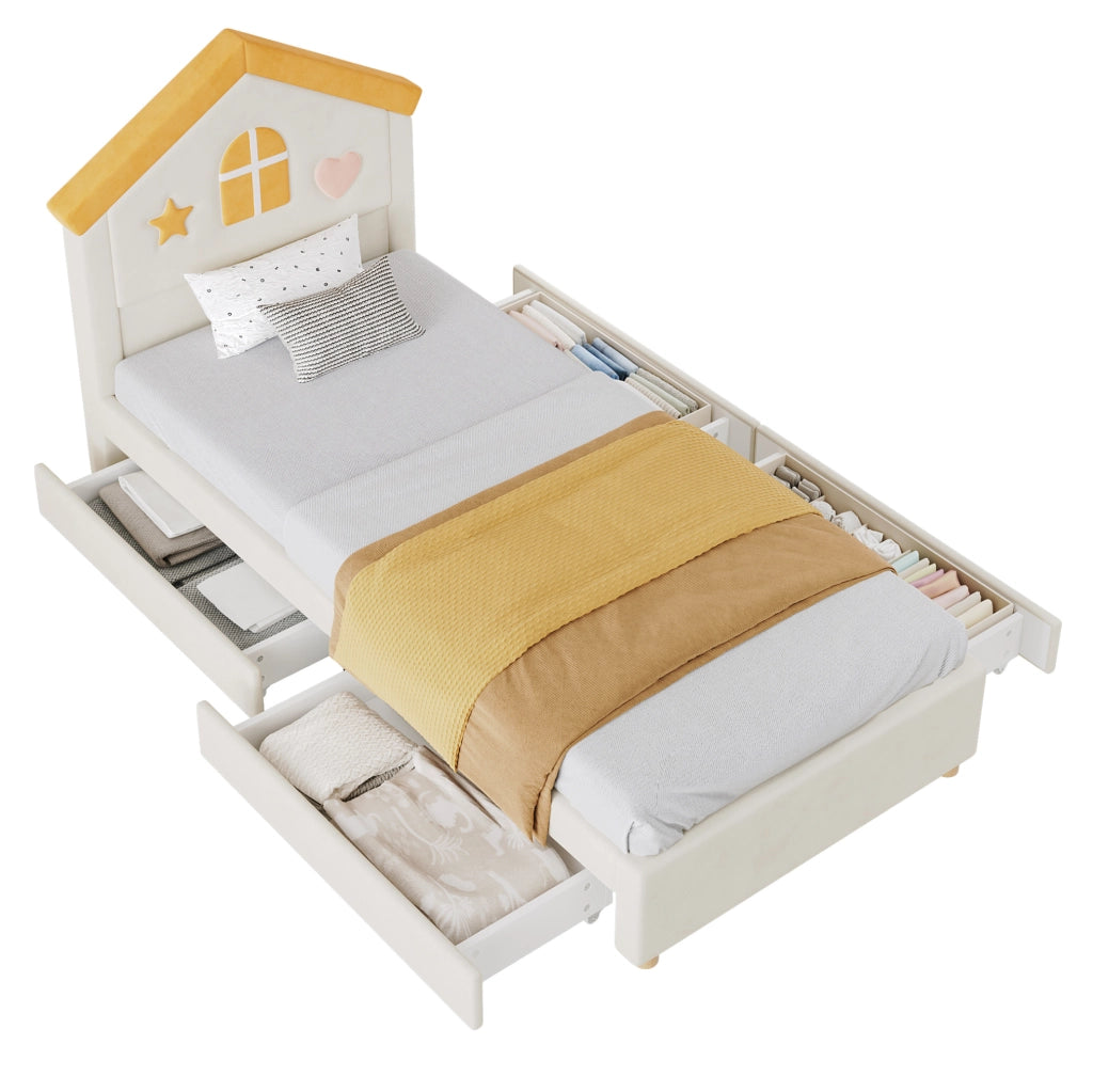 Letto imbottito per bambini 90 x 200 cm beige con 4 cassetti