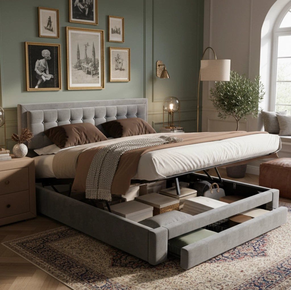 Letto imbottito in velluto grigio 180 x 200 cm con contenitore