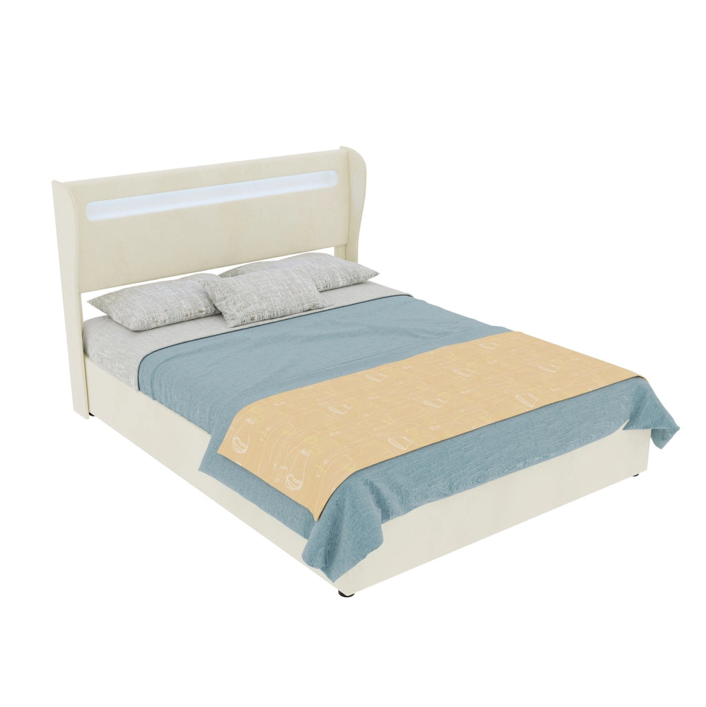 Letto contenitore adulti 140x200 cm con testiera regolabile e LED in tessuto beige per camera da letto, senza materasso