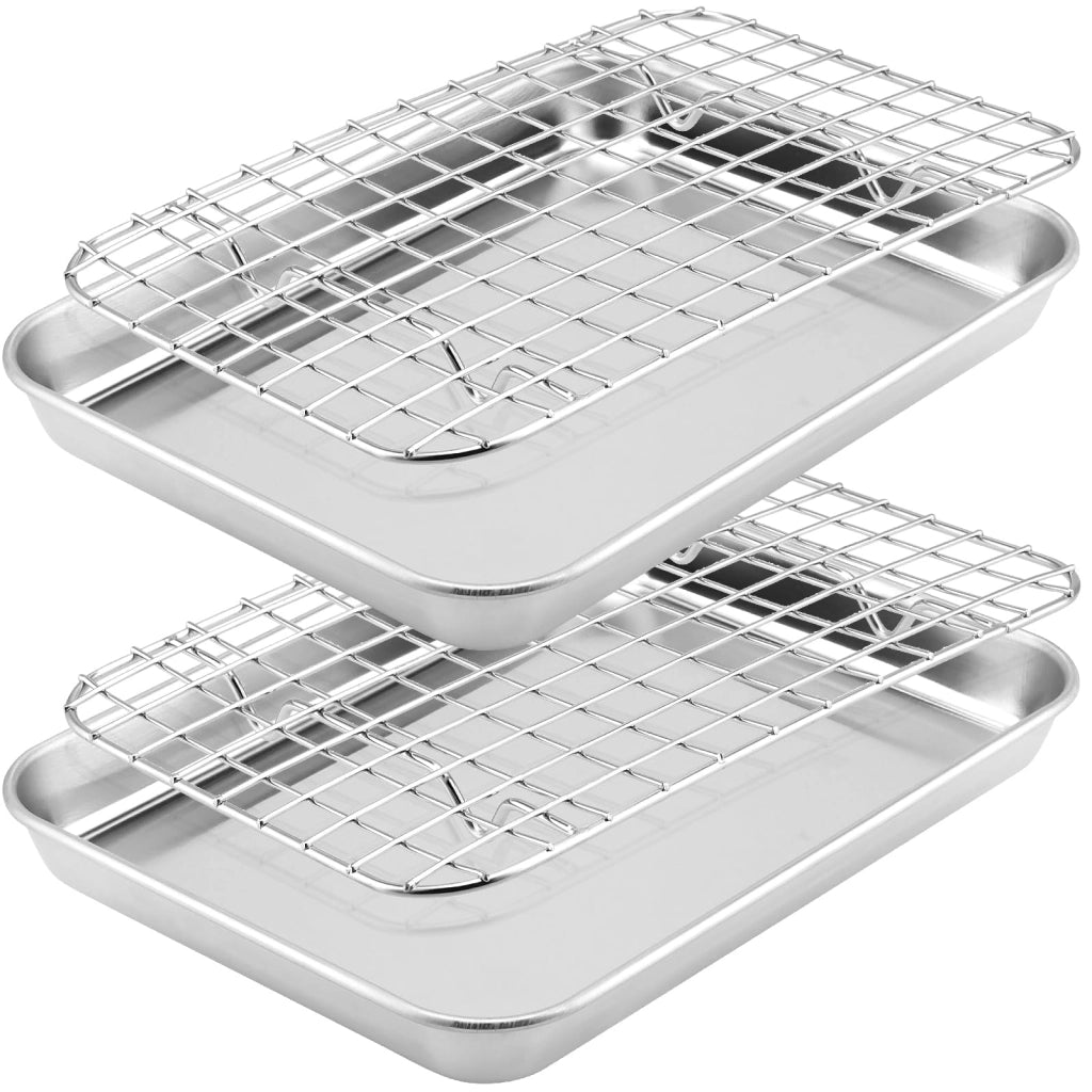 Set di teglie da forno con griglia, 2 pezzi, acciaio inossidabile, 23,5 x 17,5 x 2,5 cm