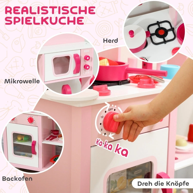 Cucina giocattolo per bambini rosa con accessori in legno ed effetti sonori