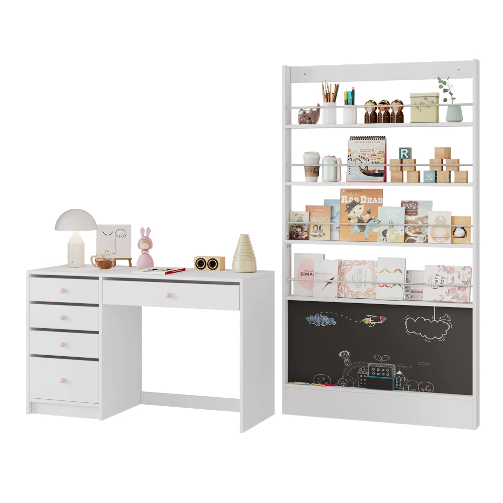 Scrivania con 5 cassetti e libreria con 4 ripiani e lavagna - per studio - bianco