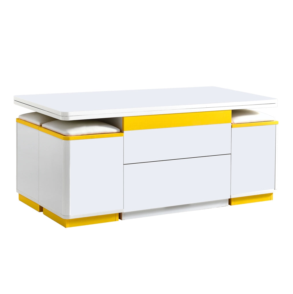 Tavolino elevabile 100x50x43 cm in MDF e PB bianco e giallo con vani