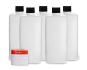 5 bottiglie in HDPE da 500 ml con tappi neri, complete di etichette