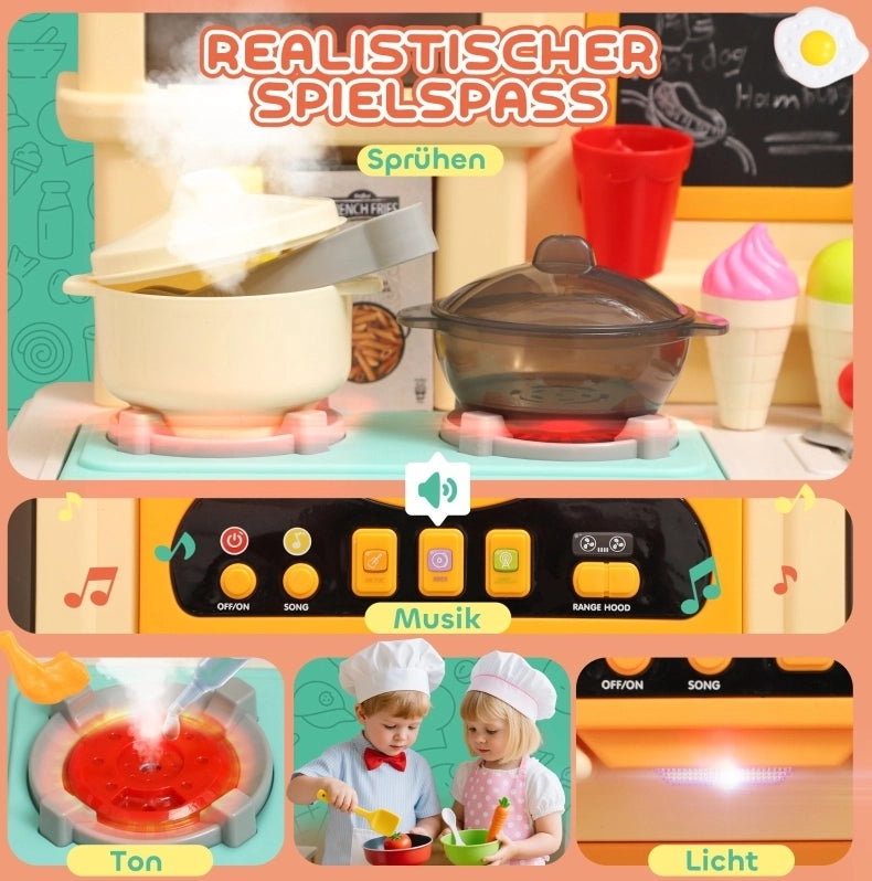 Cucina giocattolo per bambini 3-6 anni con rubinetto elettrico e 85 accessori