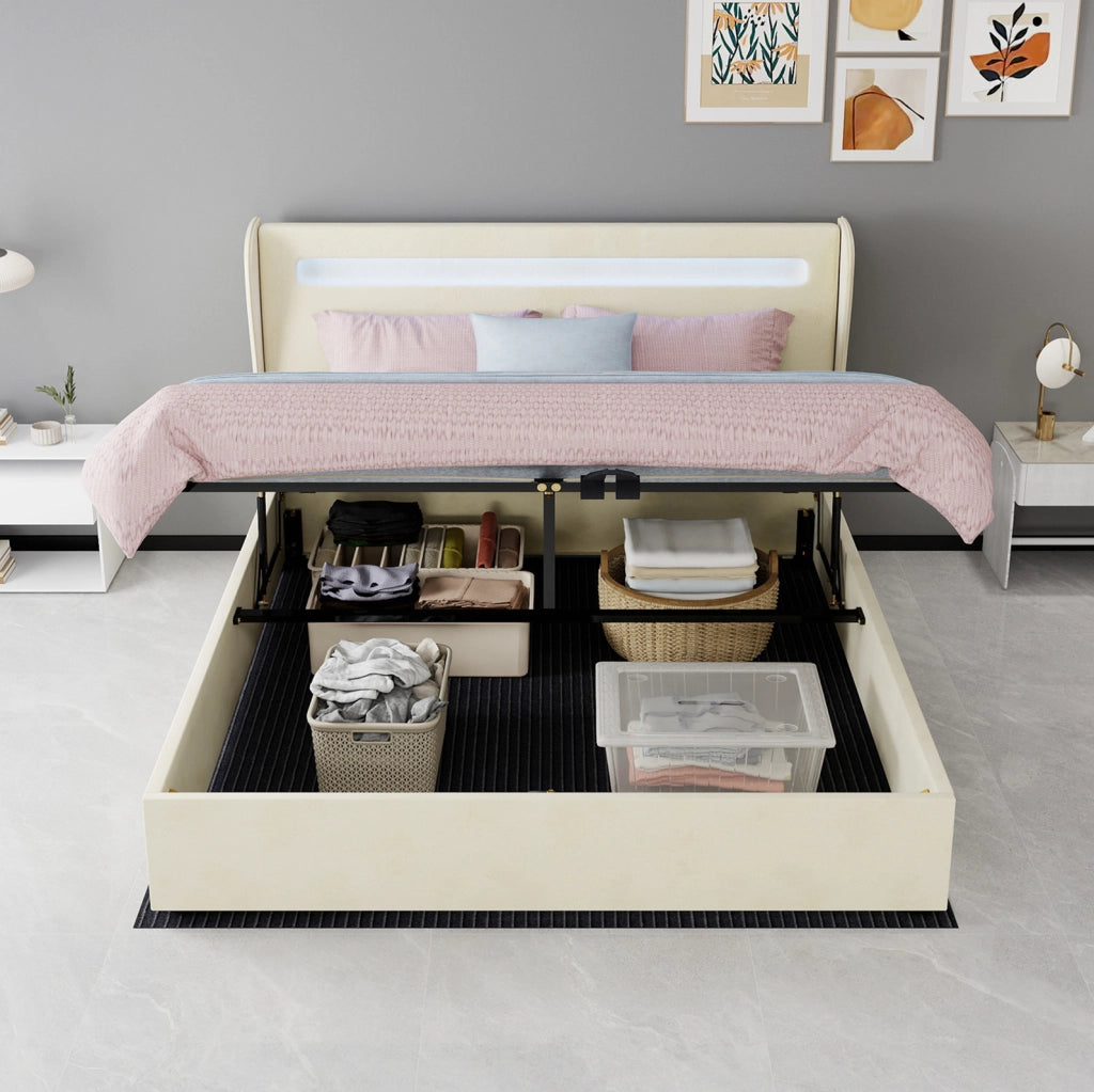 Letto imbottito moderno 160x200 cm con testiera LED integrata beige e base contenitore con meccanismo a gas