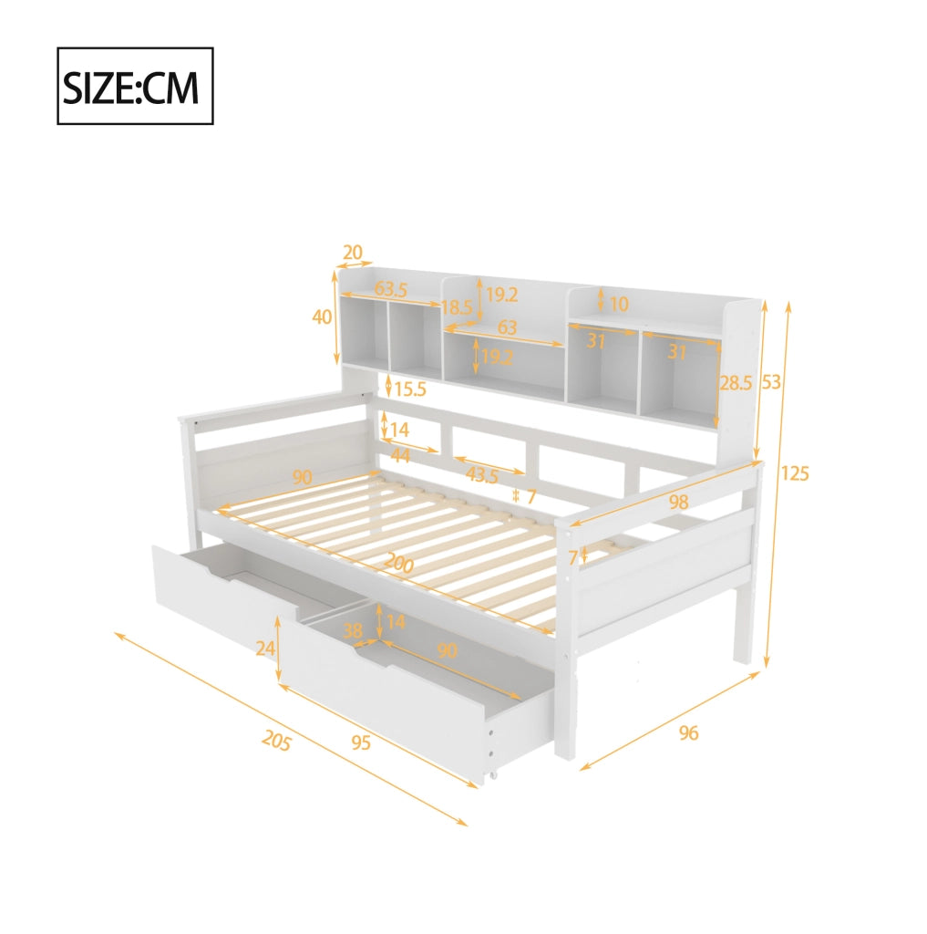 Letto singolo 90x200 cm con cassetti e ripiani laterali in legno; bianco