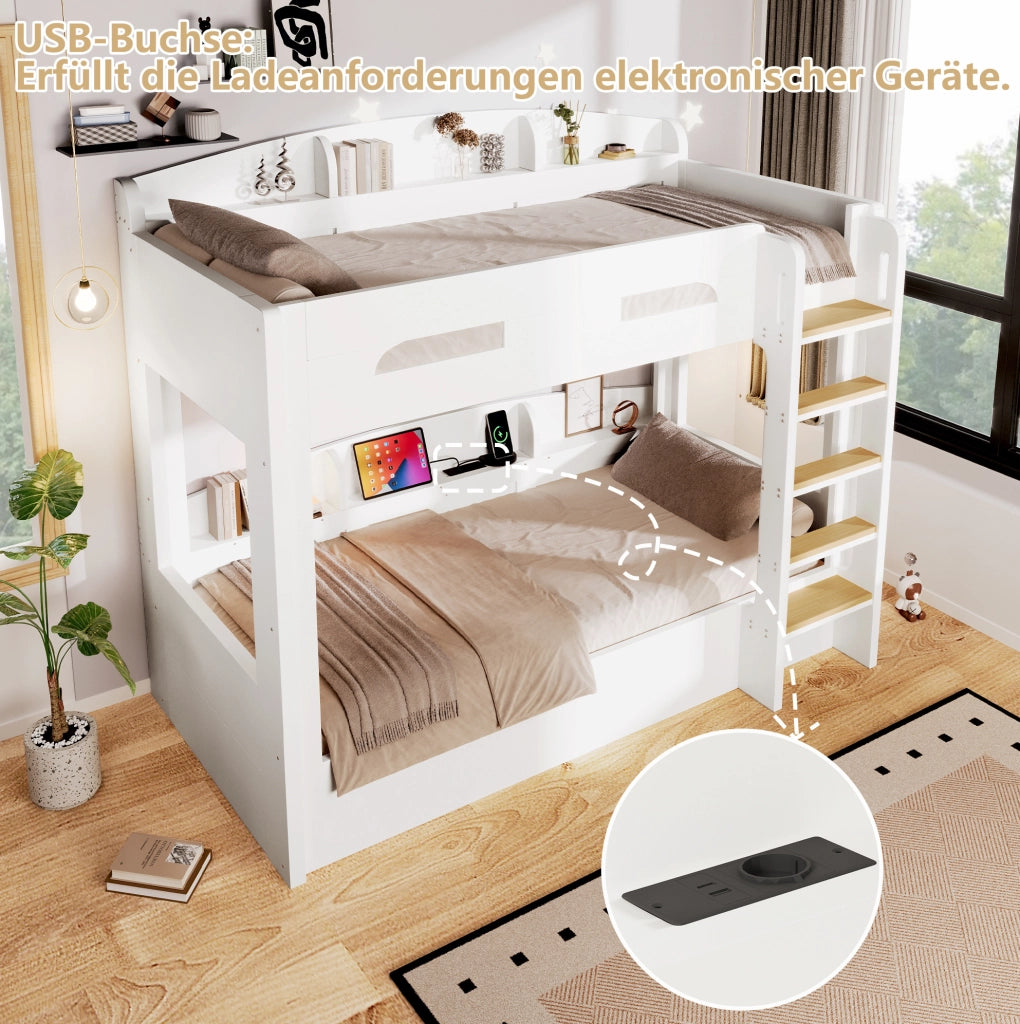 Letto a soppalco con letto inferiore, prese USB e ripiani beige 123,5x204x196,5 cm