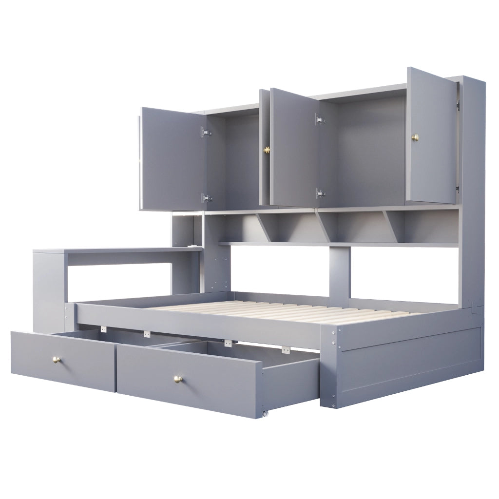 Letto singolo multifunzionale 90 × 200 cm con scrivania armadi cassetti LED prese grigio in MDF e compensato