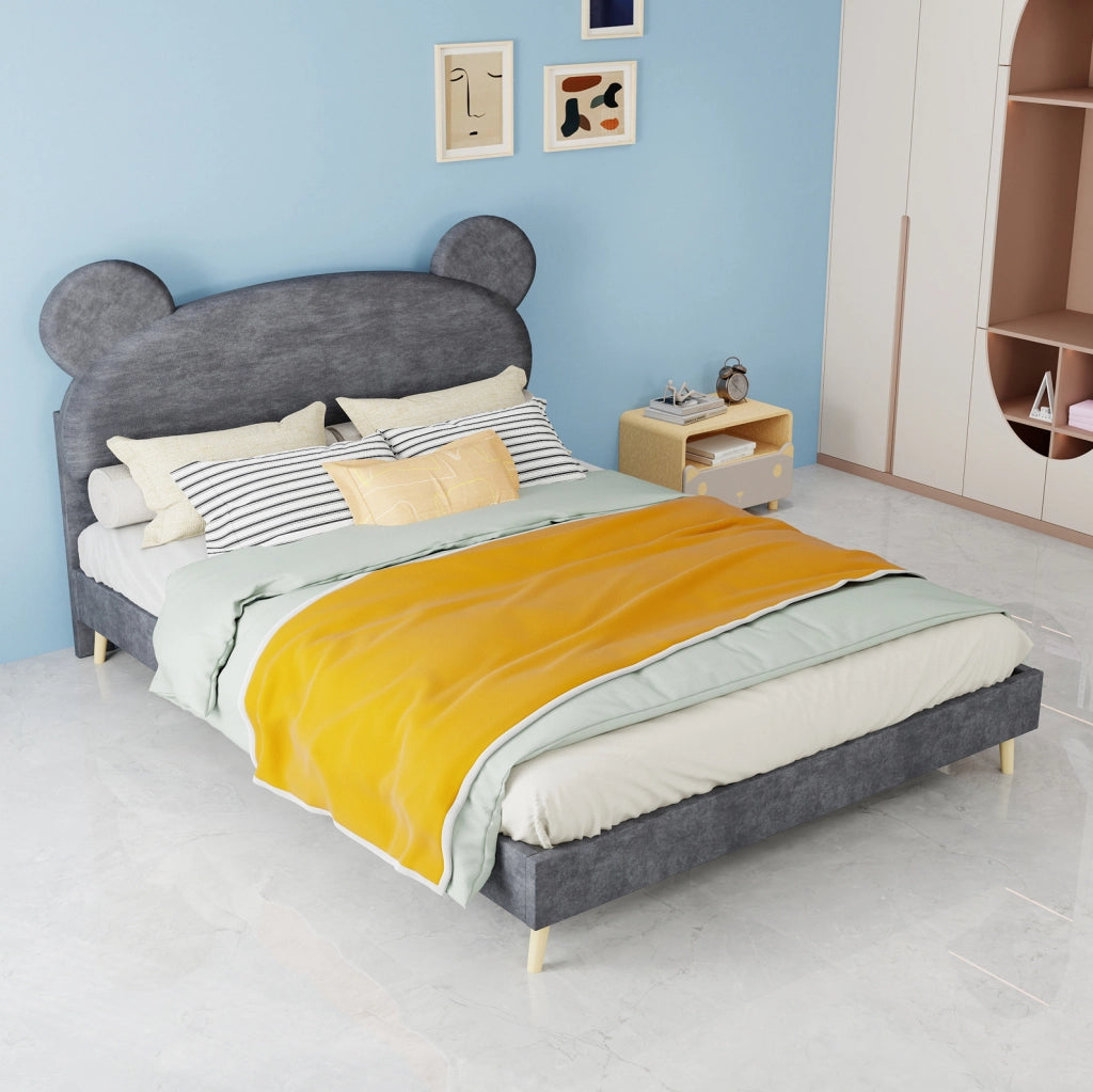 Letto per bambini 140x200 cm con testiera a orecchie d'orso e materasso a molle; grigio