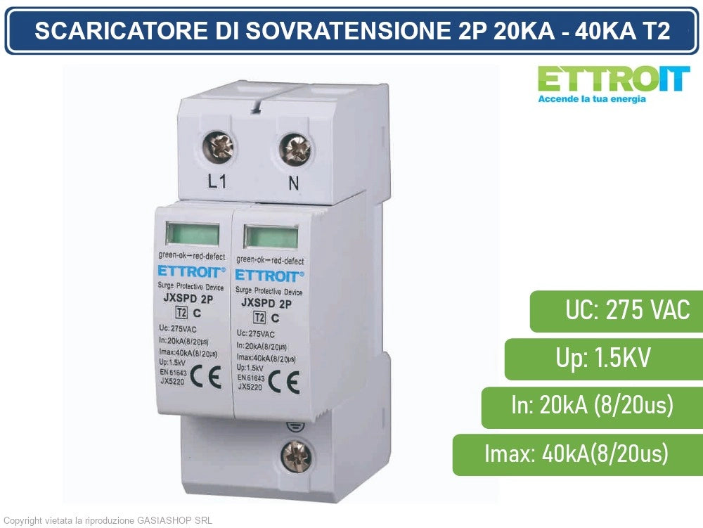 ETTROIT SCARICATORE LIMITATORE DI SOVRATENSIONE 2 MODULI TIPO T2 2P 20KA-40KA SPD A LIMITAZIONE PER BARRA DIN
